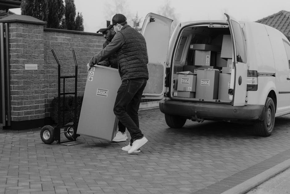 A man with a beard and wearing a white polo shirt and sunglasses is seen loading corrugated cardboard boxes into the back of a white moving van parked on a residential street during sunset. The van's